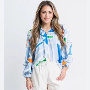 Karlie Blue Striped Blouse with Orange and Green Accents